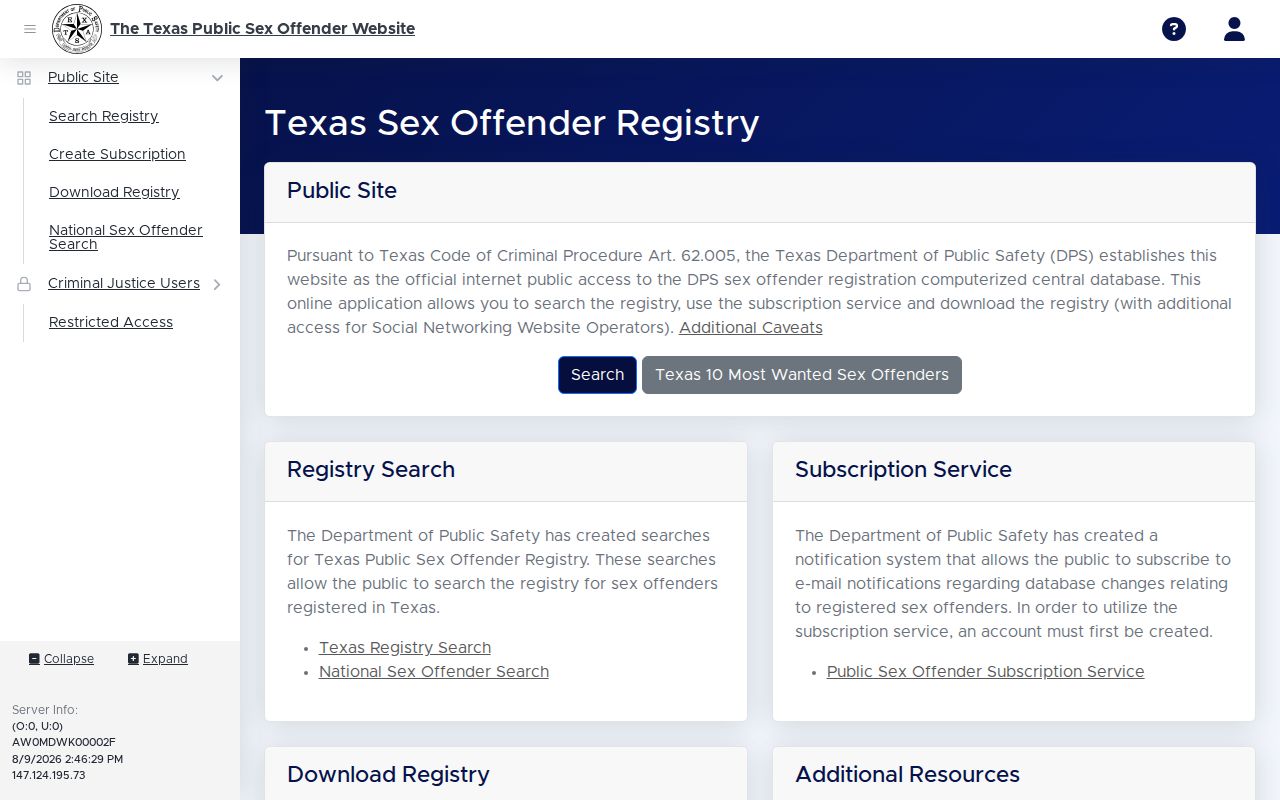 Karnes County sex offender check on the Texas DPS registry search screen